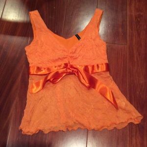 Orange Lace Like Top SATIN RIBBON Trim on Front